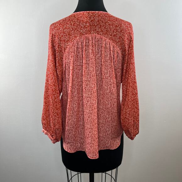 JOIE Javeth Cinnamon Silk Blouse Pink Orange Leaf Print V-Neck 3/4 Sleeve Top S - Picture 5 of 7